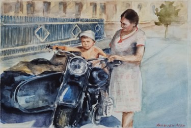 Schilderij getiteld "Me, Grandma, Motorc…" door Vitalii Gatsutsyn (Ialpachek Levi), Origineel Kunstwerk, Aquarel