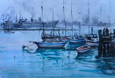 Peinture intitulée "Boats are asleep" par Vitalii Gatsutsyn (Ialpachek Levi), Œuvre d'art originale, Aquarelle