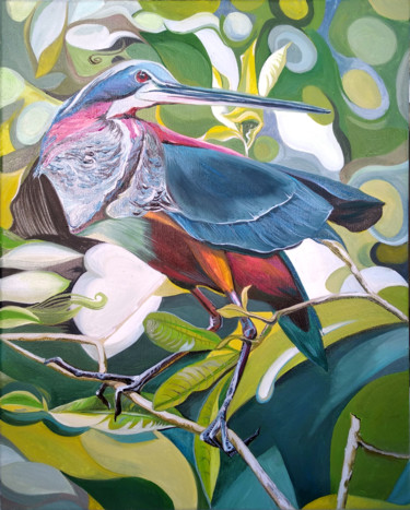 Painting titled "Agami heron" by Viola Larkina, Original Artwork, Oil Mounted on Wood Stretcher frame