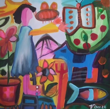 Pittura intitolato "Menina no jardim" da Vitor Pisco, Opera d'arte originale, Acrilico