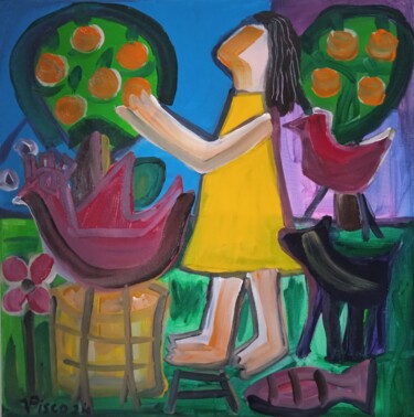 Malerei mit dem Titel "Menina colhendo tan…" von Vitor Pisco, Original-Kunstwerk, Acryl