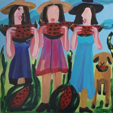 Painting titled "Meninas comendo mel…" by Vitor Pisco, Original Artwork, Acrylic