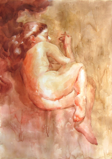Painting titled "Nude Red-Braun" by Vitya Zakharchenko, Original Artwork, Watercolor