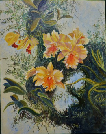 「ORCHIDEES JAUNES」というタイトルの絵画 Viviane Farrugiaによって, オリジナルのアートワーク, オイル