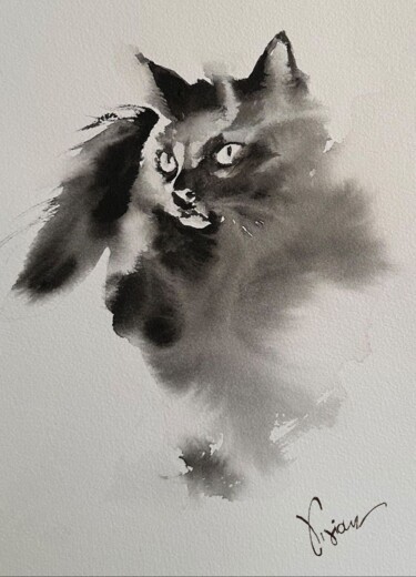 Schilderij getiteld "le chat" door Vivian Narduzzi, Origineel Kunstwerk, Aquarel