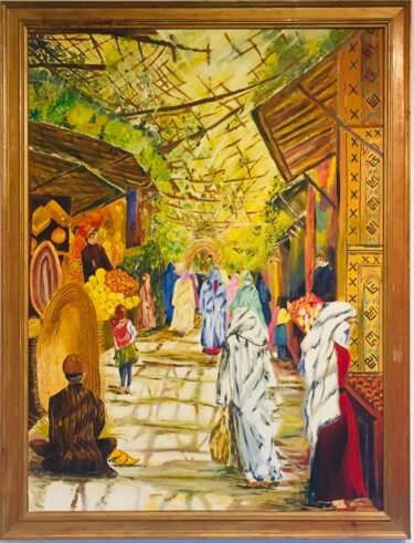 Schilderij getiteld "Le marché" door Viviane Dufour, Origineel Kunstwerk, Olie Gemonteerd op Frame voor houten brancard