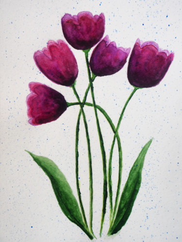 Schilderij getiteld "Purple tulips on wh…" door Anton Vivchar, Origineel Kunstwerk, Aquarel