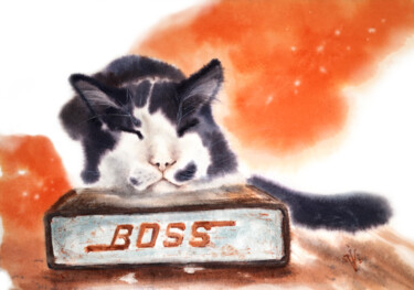 Malerei mit dem Titel ""Dreaming Cat" II" von Irina Vorobei, Original-Kunstwerk, Aquarell