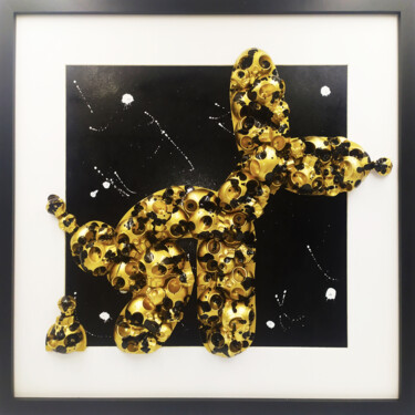 Painting titled "Koons Skull Gold" by Vl, Original Artwork, Acrylic Mounted on Wood Panel