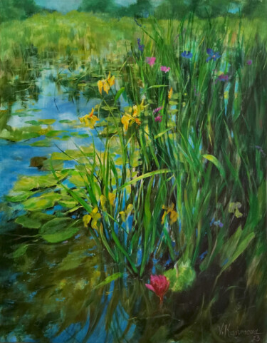 Malarstwo zatytułowany „Golden irises” autorstwa Vlada Kadymova, Oryginalna praca, Akryl Zamontowany na Drewniana rama noszy