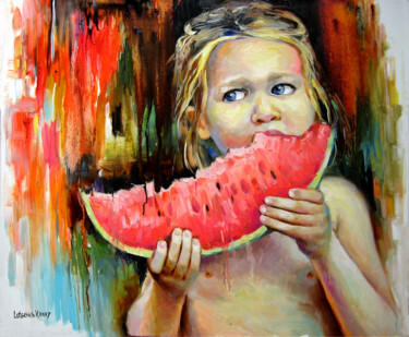 Peinture intitulée "baby with watermelon" par Vladimir Lutsevich, Œuvre d'art originale, Huile