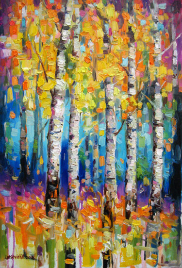 Painting titled "Birches. Autumn day." by Vladimir Lutsevich, Original Artwork, Oil
