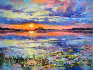 Painting titled "Evening lake with w…" by Vladimir Lutsevich, Original Artwork, Oil Mounted on Wood Panel