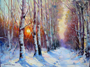 Painting titled "winter forest" by Vladimir Lutsevich, Original Artwork, Oil Mounted on Wood Stretcher frame