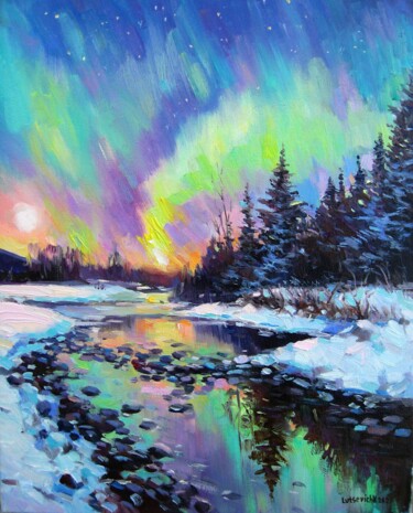 Painting titled "Northern lights. Ca…" by Vladimir Lutsevich, Original Artwork, Oil Mounted on Wood Stretcher frame