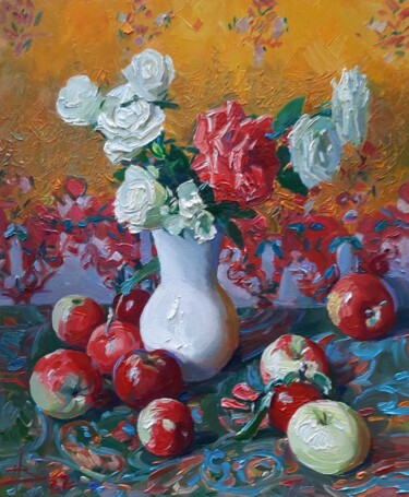 Schilderij getiteld "Roses and apples" door Vladimir Natalushko, Origineel Kunstwerk, Olie