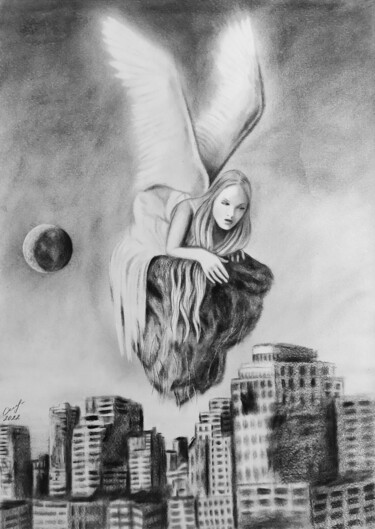 Dibujo titulada "Ангел над городом" por Vladimir Oshmarin, Obra de arte original, Lápiz