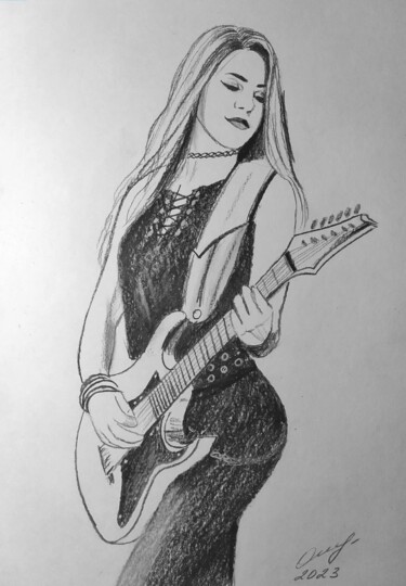 Drawing titled "Гитаристка" by Vladimir Oshmarin, Original Artwork, Pencil