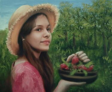 Painting titled "Вика и клубника" by Vladimir Oshmarin, Original Artwork, Oil