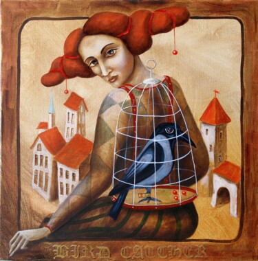 Painting titled "ЛОВЕЦ ПТИЦ" by Vladimir Pronkin, Original Artwork, Oil