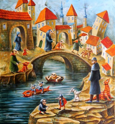 Painting titled "Evening walk for gu…" by Vladimir Pronkin, Original Artwork, Oil