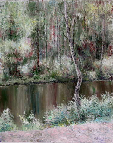 Картина под названием "The lake in the for…" - Vladimir Volosov, Подлинное произведение искусства, Масло Установлен на Дерев…