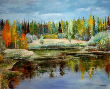 Painting titled "Forest lake..." by Vladimir Volosov, Original Artwork, Oil Mounted on Wood Stretcher frame