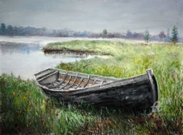 Painting titled "Very old Boat." by Vladimir Volosov, Original Artwork, Oil Mounted on Wood Stretcher frame