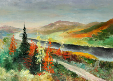 Painting titled "Carelian Mountaind" by Vladimir Volosov, Original Artwork, Oil Mounted on Wood Stretcher frame
