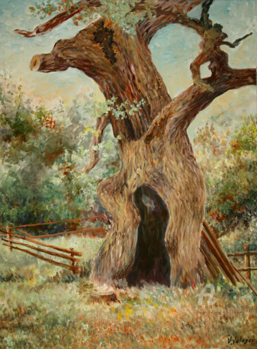 Painting titled "Old Oak" by Vladimir Volosov, Original Artwork, Oil Mounted on Wood Stretcher frame