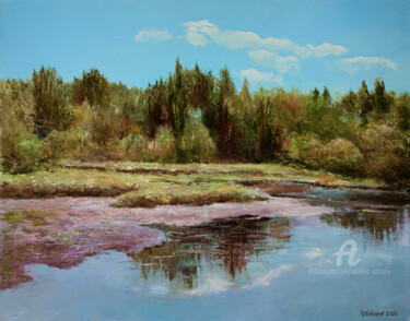 Painting titled "Forest lake" by Vladimir Volosov, Original Artwork, Oil Mounted on Wood Stretcher frame