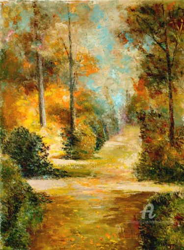 Schilderij getiteld "Autumn colors" door Vladimir Volosov, Origineel Kunstwerk, Olie Gemonteerd op Frame voor houten brancard