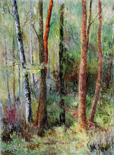 Schilderij getiteld "Forest Melody..." door Vladimir Volosov, Origineel Kunstwerk, Olie Gemonteerd op Frame voor houten bran…