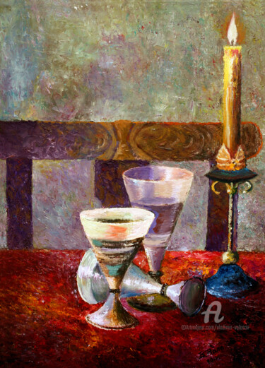 Картина под названием "Candle burning on t…" - Vladimir Volosov, Подлинное произведение искусства, Масло Установлен на Дерев…