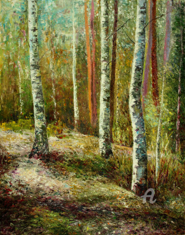 Painting titled "Birches, birches..." by Vladimir Volosov, Original Artwork, Oil Mounted on Wood Stretcher frame