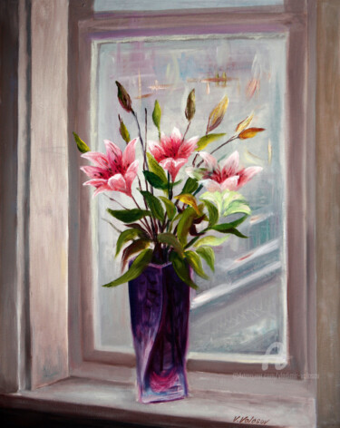 Malarstwo zatytułowany „Lilies on the window” autorstwa Vladimir Volosov, Oryginalna praca, Olej Zamontowany na Drewniana ra…