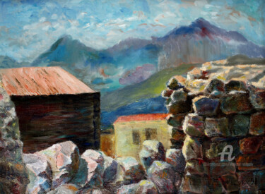 제목이 "Mountain village.."인 미술작품 Vladimir Volosov로, 원작, 기름 나무 들것 프레임에 장착됨