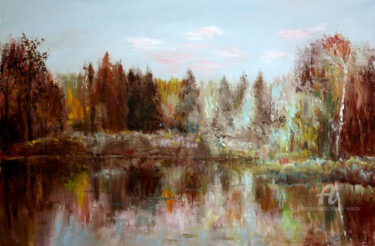 Painting titled "Forest Lake.." by Vladimir Volosov, Original Artwork, Oil Mounted on Wood Stretcher frame