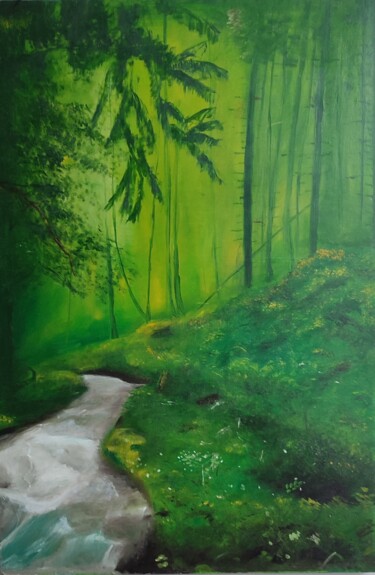Peinture intitulée "forest stream" par Vladislav Guzeev, Œuvre d'art originale, Huile Monté sur Autre panneau rigide