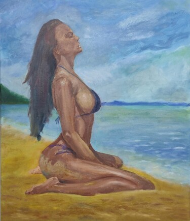 Картина под названием "girl on the beach" - Vladislav Guzeev, Подлинное произведение искусства, Масло Установлен на Деревянн…