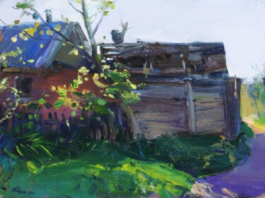 Pittura intitolato ""Old barn"" da Vladislav Zdor, Opera d'arte originale, Olio
