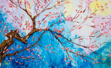 Schilderij getiteld "Cherry blossom bran…" door Vladyslav Durniev, Origineel Kunstwerk, Olie Gemonteerd op Karton