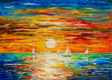 Painting titled "Regatta on sunset" by Vladyslav Durniev, Original Artwork, Oil Mounted on Wood Stretcher frame