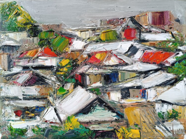 Painting titled "Rooftop Mosaic" by Vlas Ayvazyan, Original Artwork, Oil Mounted on Wood Stretcher frame