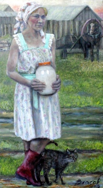 Картина под названием "-Молочка хочешь?" - Вячеслав Власов, Подлинное произведение искусства, Масло