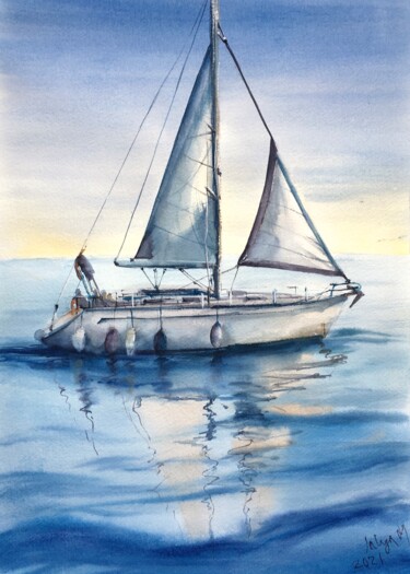 Peinture intitulée "Яхта в море. Штиль" par Valentina Moroz, Œuvre d'art originale, Aquarelle