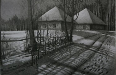 Drawing titled "Winter night 2" by Oleksandr Volodymyrets, Original Artwork, Pencil