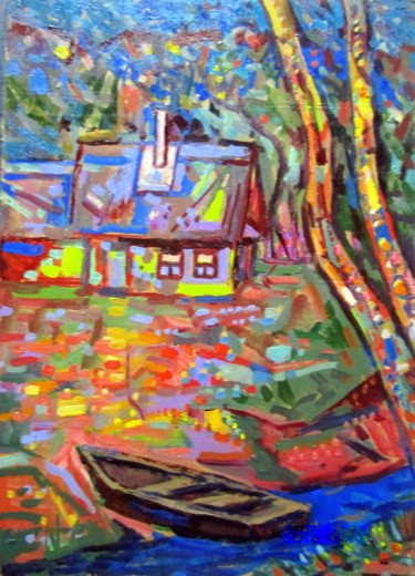 Painting titled "пейзаж с домиком ры…" by Vladimir Cheremnykh, Original Artwork, Oil