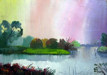 Painting titled "=утро на реке молог…" by Vladimir Cheremnykh, Original Artwork, Oil