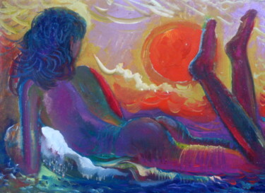 Картина под названием "купание при закате" - Владимир Черемных, Подлинное произведение искусства, Масло